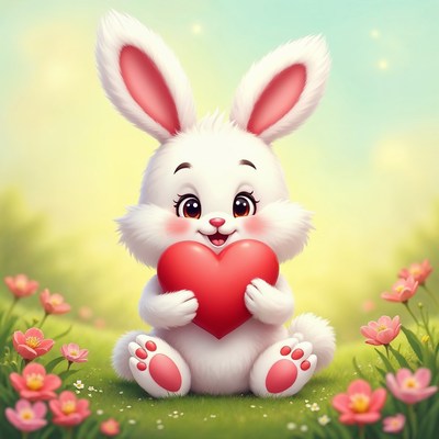 Cute bunny holding red heart