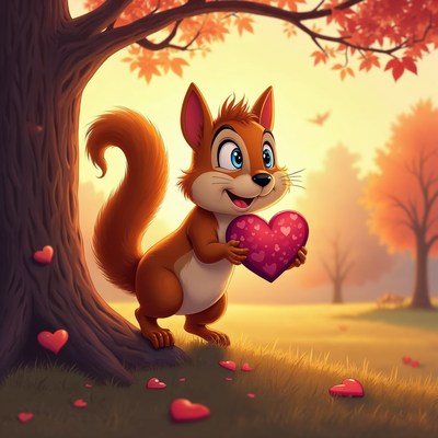 Cute squirrel holding heart under autumn tree