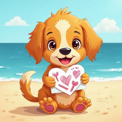 Cartoon puppy holding heart beach