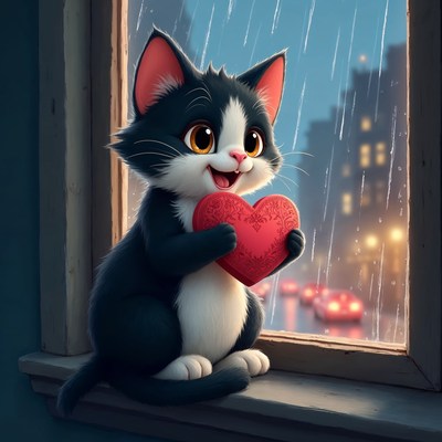 Cute kitten holding heart at rainy window
