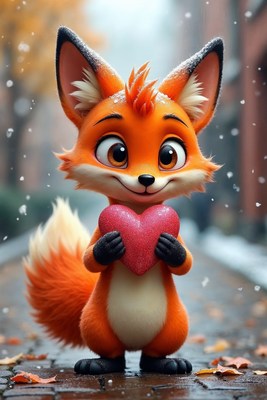 Cute Fox Holding Red Heart