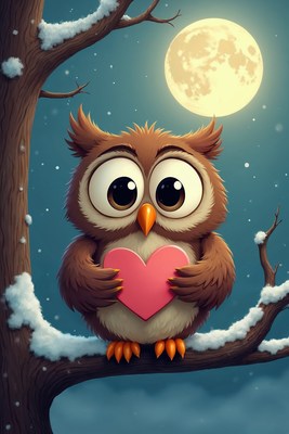 Cute Owl Holding Heart on Snowy Tree