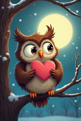 Cute Owl Holding Heart on Snowy Branch