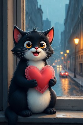 Black kitten holding heart at rainy window