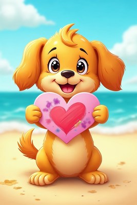 Cute puppy holding heart on beach