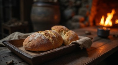 Fresh bread loaves by fireplace