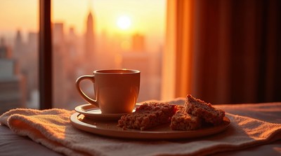 Coffee Cup and Cookies at Sunrise Cityscape