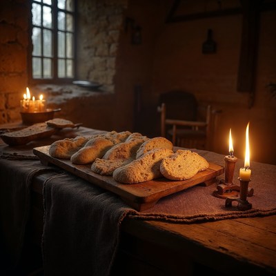 Fresh bread on rustic wooden table