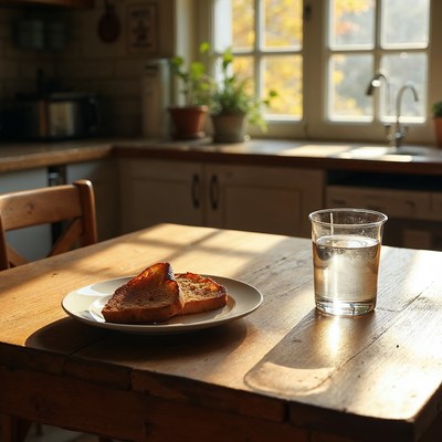 Toasted Bread and Water on Kitchen Table