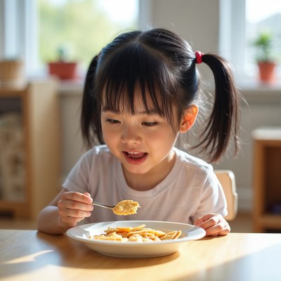 Asian girl eating cereal