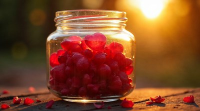 Glass Jar of Red Candy Hearts Sunset