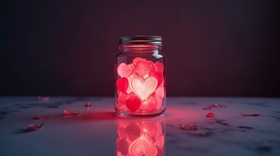 Jar filled with glowing red hearts