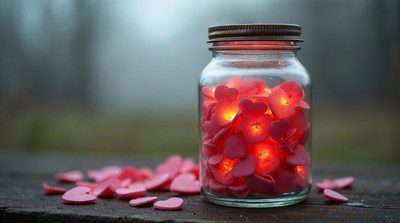 Glowing Red Hearts in Glass Jar