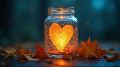 Glowing Heart in Glass Jar with Autumn Leaves