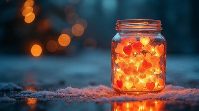 Jar of Glowing Heart Lights in Snow