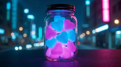 Glowing Neon Hearts in Glass Jar