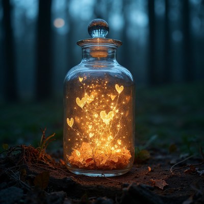 Glowing Hearts in Glass Jar Forest