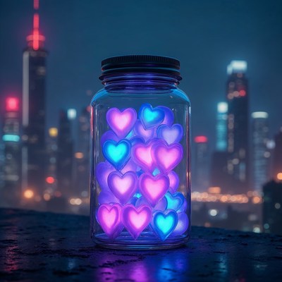 Glowing Hearts Jar on Night City Rooftop