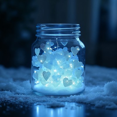 Glowing Blue Heart Lights in Snowy Jar