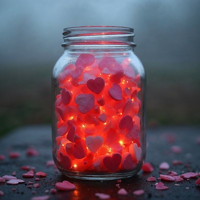 Glowing Red Hearts in Glass Jar