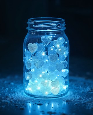Glass Jar Filled with Glowing Blue Hearts