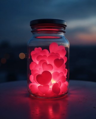 Jar Filled with Glowing Red Hearts