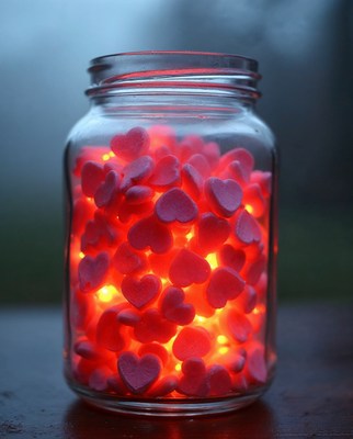 Glowing Red Candy Hearts in Glass Jar