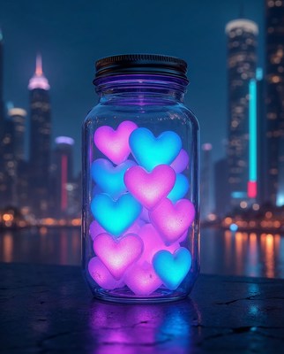 Glowing Hearts in Jar Night Cityscape