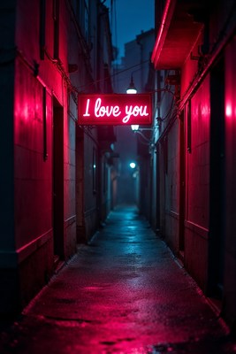 I Love You neon sign in rainy alley