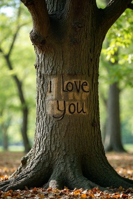 Tree trunk carved with I Love You