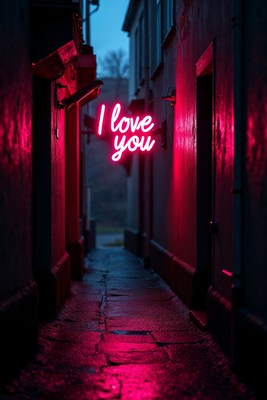 I Love You neon sign in rainy alley