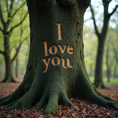 Tree trunk carved with I Love You