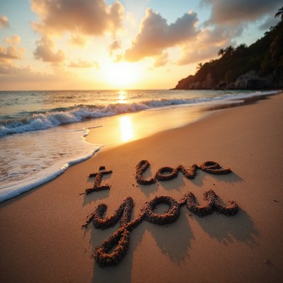 I Love You written on beach sunset