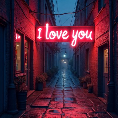 Neon 'I Love You' in Rainy Alley