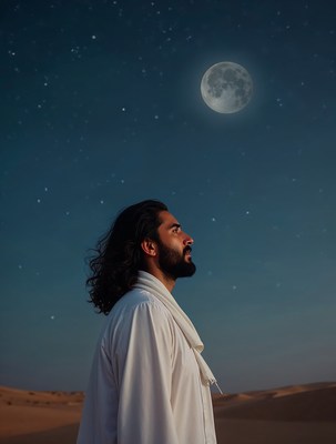 Man gazing at moon in desert