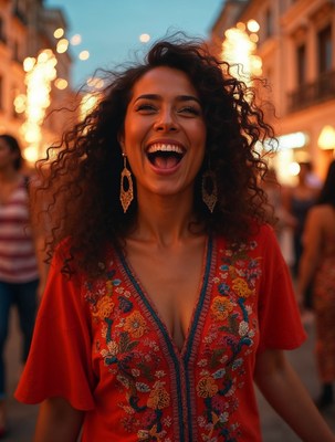 Curly-haired woman laughing in festival street