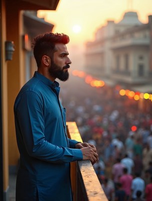 Bearded man overlooking sunset crowd