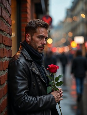 Man holding red rose against brick wall