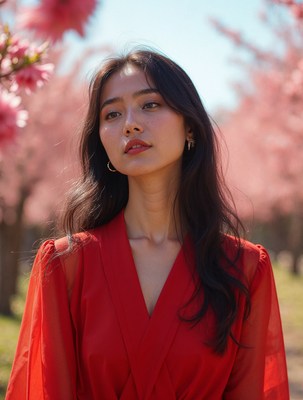 Asian woman in red dress cherry blossoms