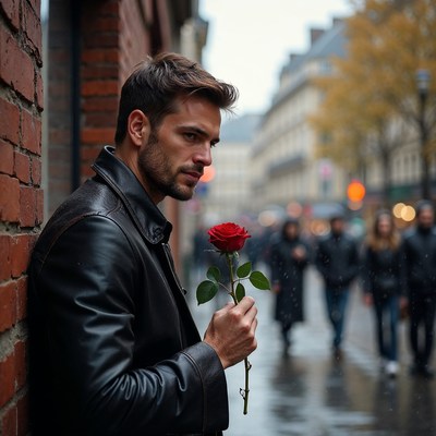 Man holding red rose against brick wall