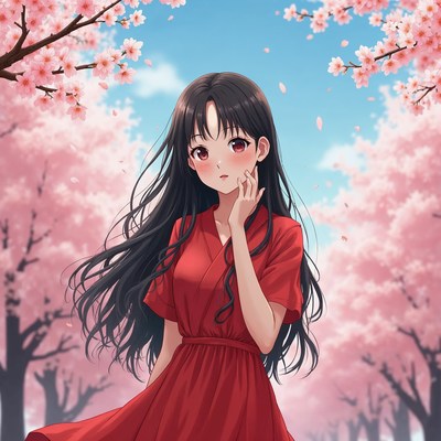 Anime girl in red dress under cherry blossoms