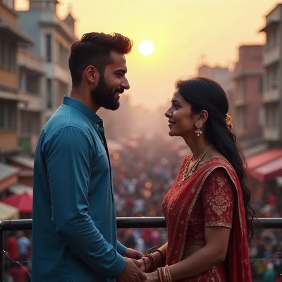 Indian couple gazing at sunset