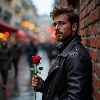Man holding red rose against brick wall