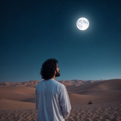 Man gazing at full moon in desert