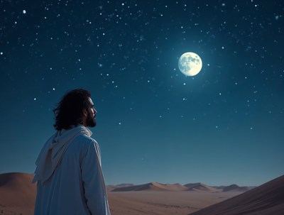 Man gazing at moon in desert
