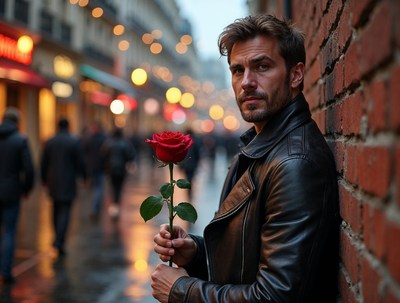 Man holding red rose against brick wall