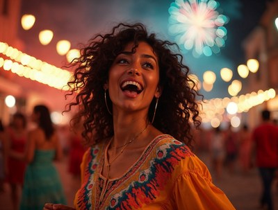 Woman laughing at night festival fireworks