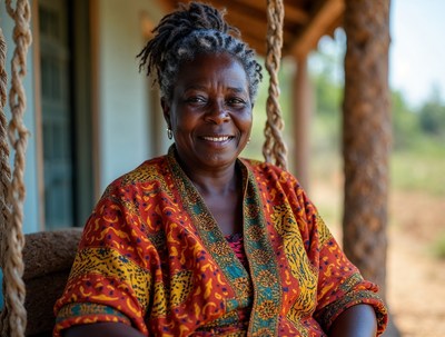 Elderly African woman smiling on porch swing