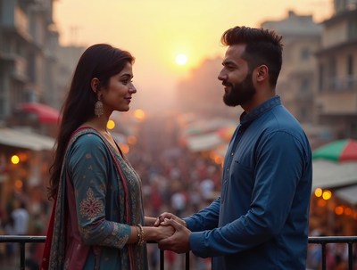 South Asian couple holding hands at sunset