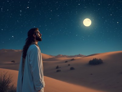 Man gazing at moon in desert